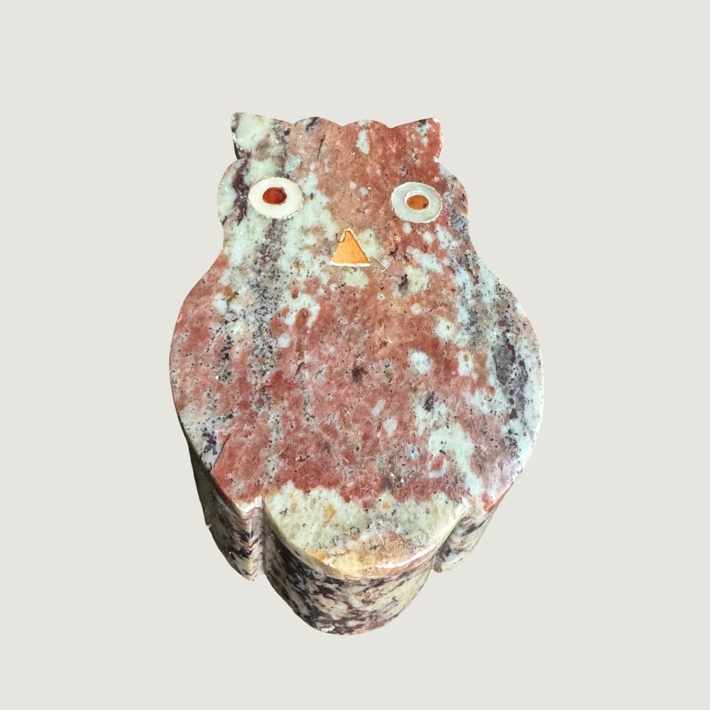 Vintage Stone Agate Owl Trinket Box Hand Carved Made in India